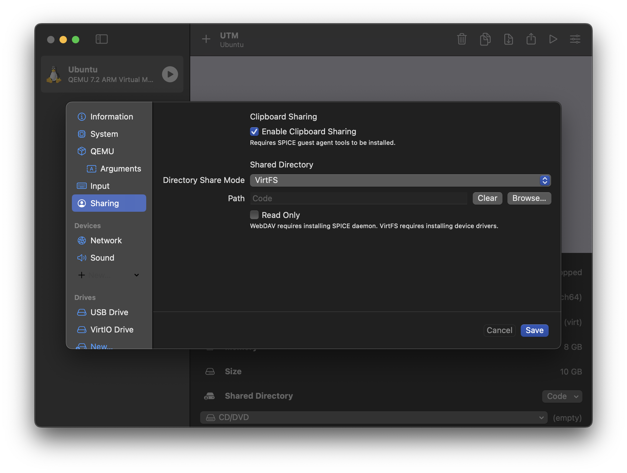 UTM dialog showing the directory on macOS I've shared