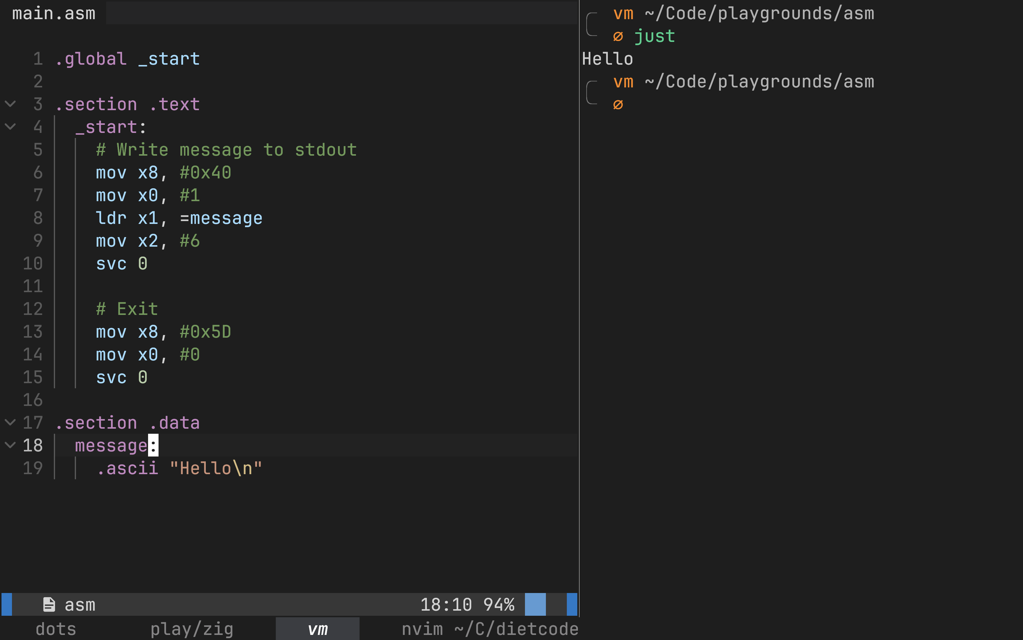 A preview of my setup, with code on the left, and a shell to run it on the right