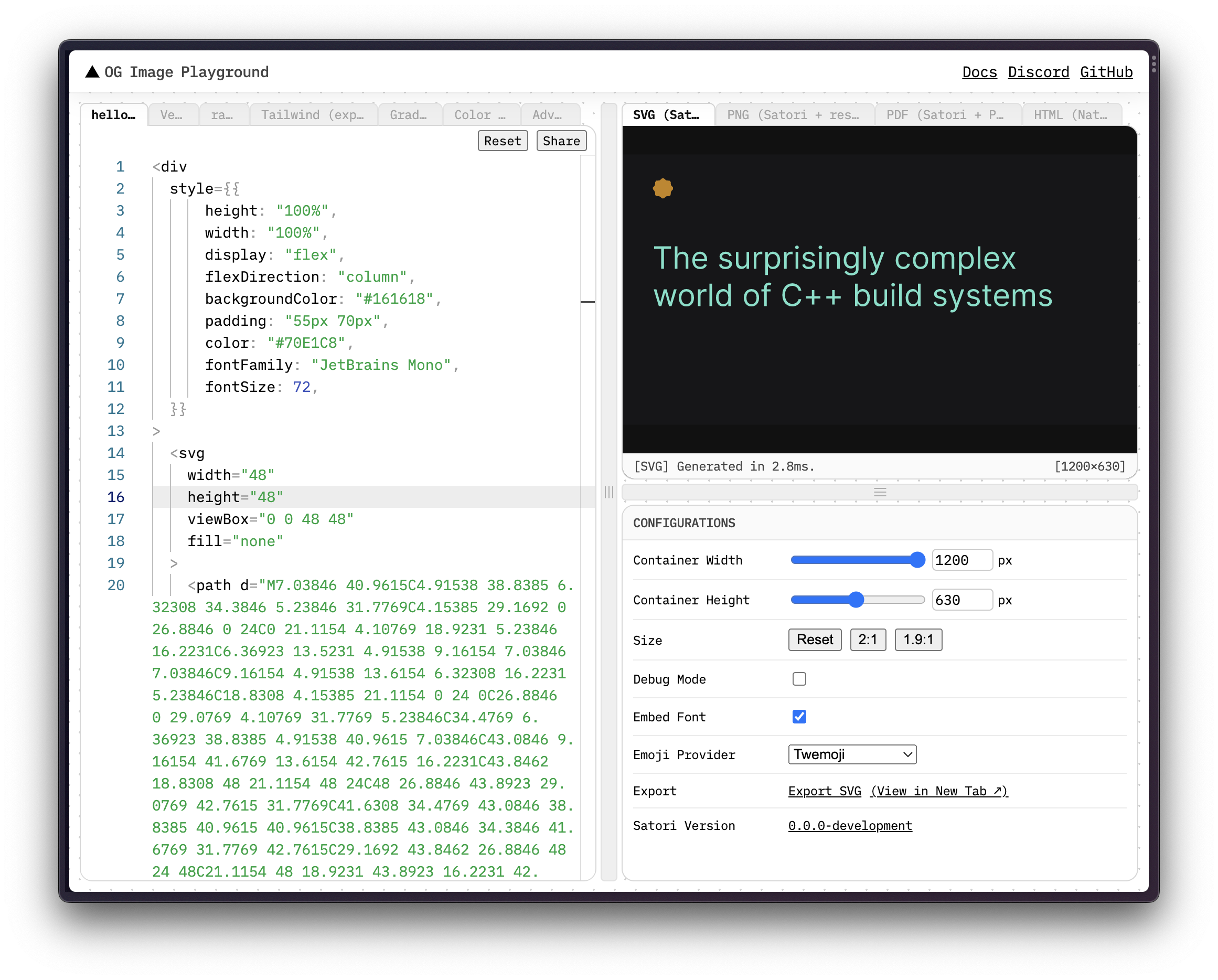 A screenshot of the Vercel OpenGraph playground, with my design all coded up
