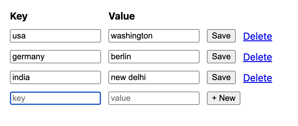 An editable table with key-value pairs in its columns. Each row also has a button to delete a KV pair